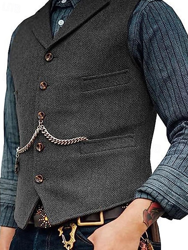  Men's Vest Gilet Wedding Event / Party Daily Fashion Business Spring & Summer Button Pocket Thick Chain Polyester Comfortable Plain Single Breasted One-button Lapel Regular Fit Black Burgundy Navy