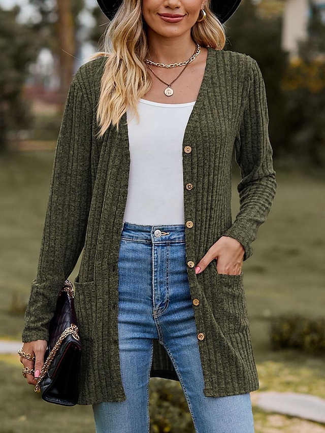  Casacos texturizados femininos, cardigan casual, cor sólida, liso, canelado, assimétrico, decote em V, bolsos, botões, torcido, manga comprida, regular, tops, malha, diário, vinho, verde exército, primavera, outono