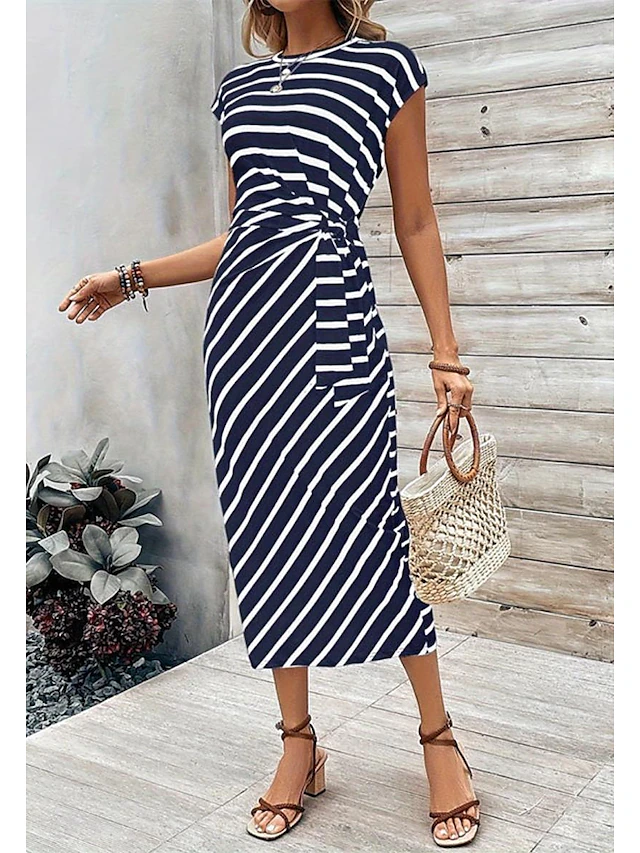 Women's Sheath Dress Stripe Knotted Crew Neck Cap Sleeve Midi Dress Stylish Casual Daily Short Sleeve Summer 7