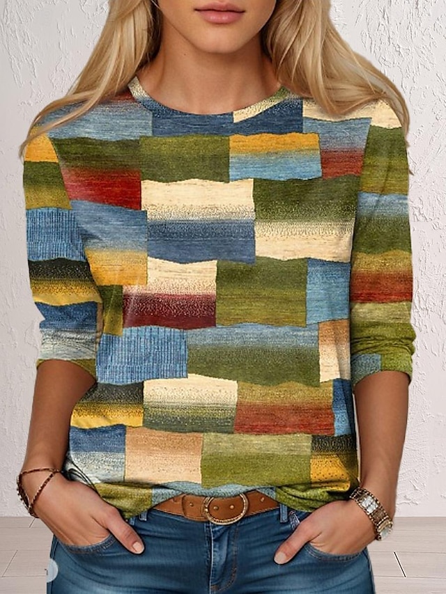  Women's T Shirt Color Block Geometry Fashion Modern Long Sleeve Crew Neck Regular Tops Vacation Daily Print Pink Blue Dark Green Green Spring &  Fall