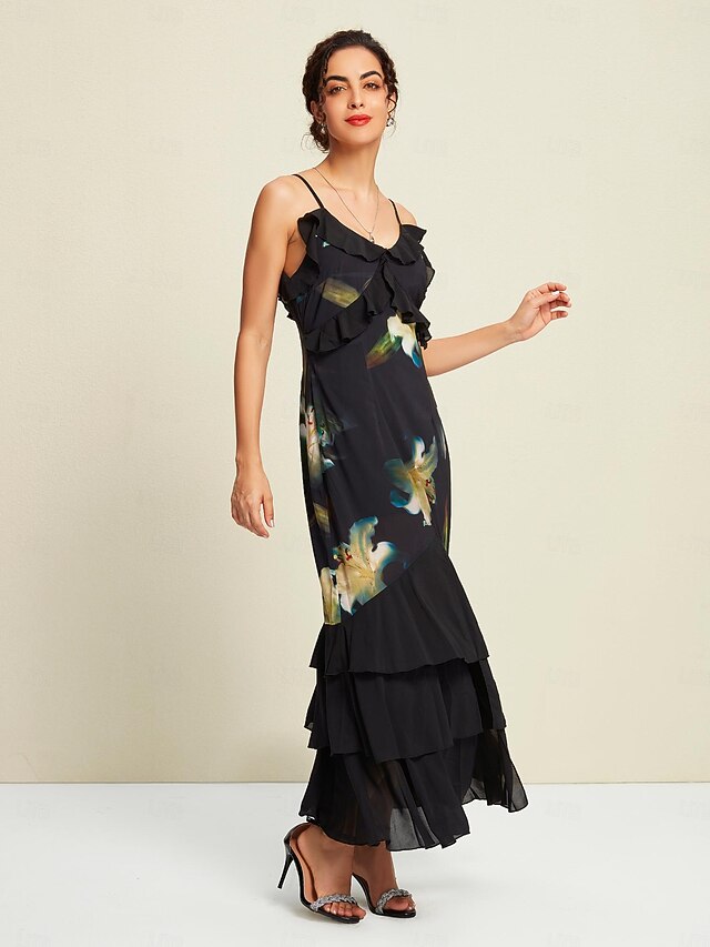 Chiffon Wedding Guest Floral Ruffle Split Ends Sleeveless Maxi Dress ...