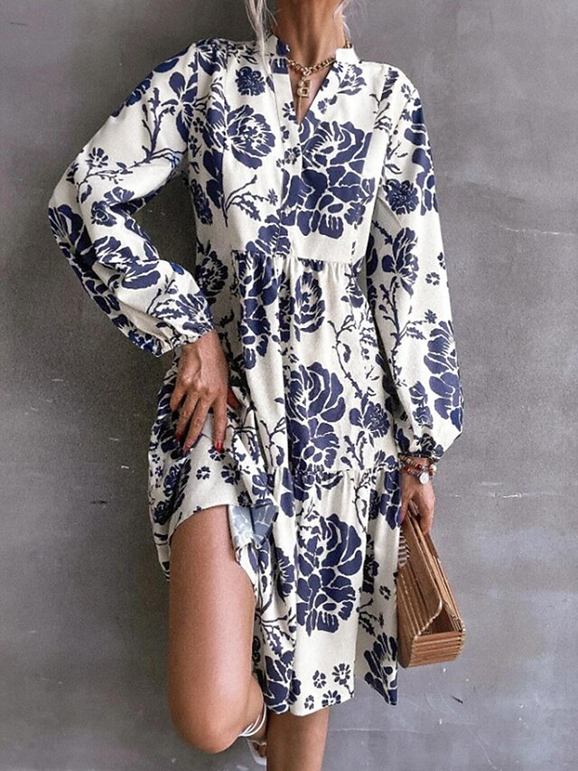 Women's Casual Dress Swing Dress Floral Print Notched Neck Midi Dress Stylish Casual Daily Vacation Long Sleeve Fall4