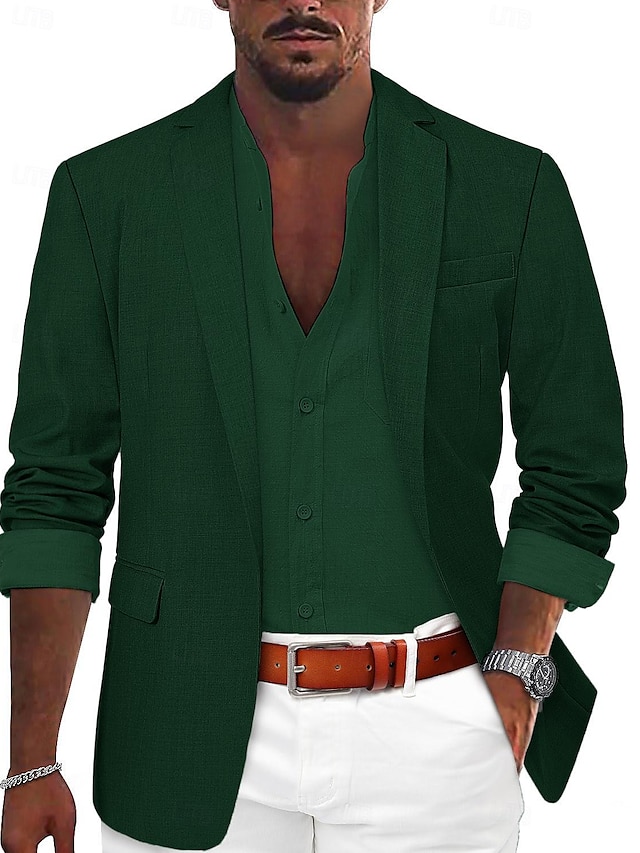  Voor heren Sportjas Linnen blazer Modieus Casual Effen Linnen blazer Leger groen Zwart blauw Getailleerd Single Breasted een knoops