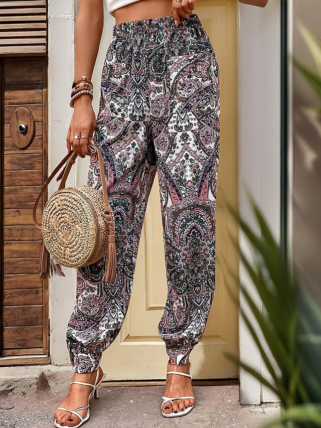 Women's Joggers Pants Trousers Casual Daily Long Paisley Pocket Split Print Breathability Comfortable Inelastic Vacation Weekend Green Spring & Summer Regular Fit 6