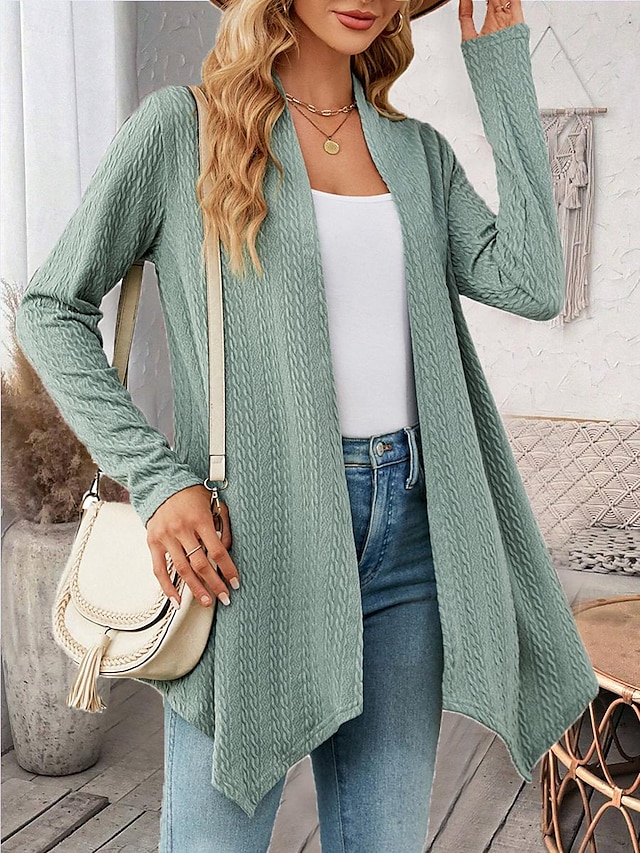 Women's Cardigan Elegant Casual Solid Color Plain Waffle Open Front Asymmetric Hem Long Sleeve Regular Tops Knit Daily Pink Green Spring Fall 7