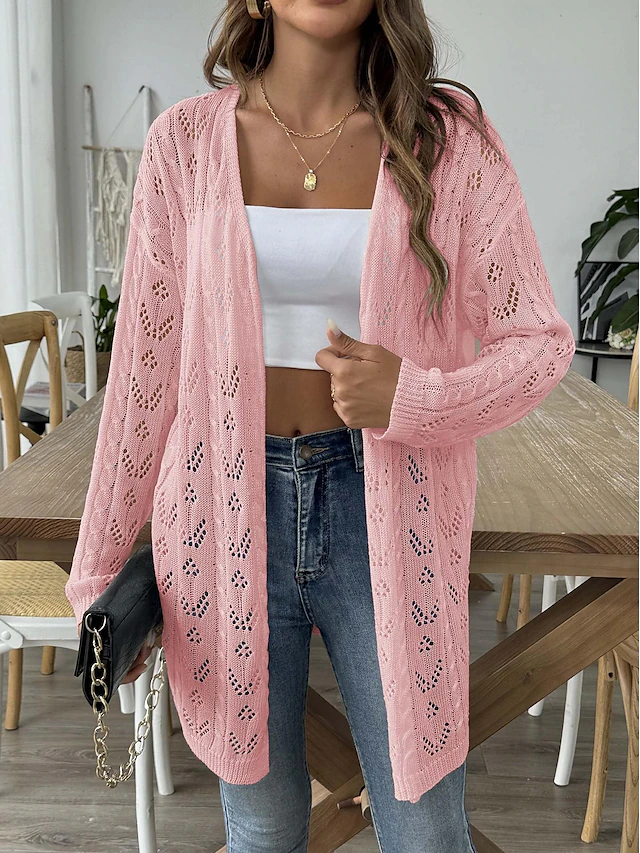 Women's Cardigan Coat Casual Solid Color Ribbed Open Front Knitted Long Sleeve Regular Tops Knit Daily Black White Spring Fall 12