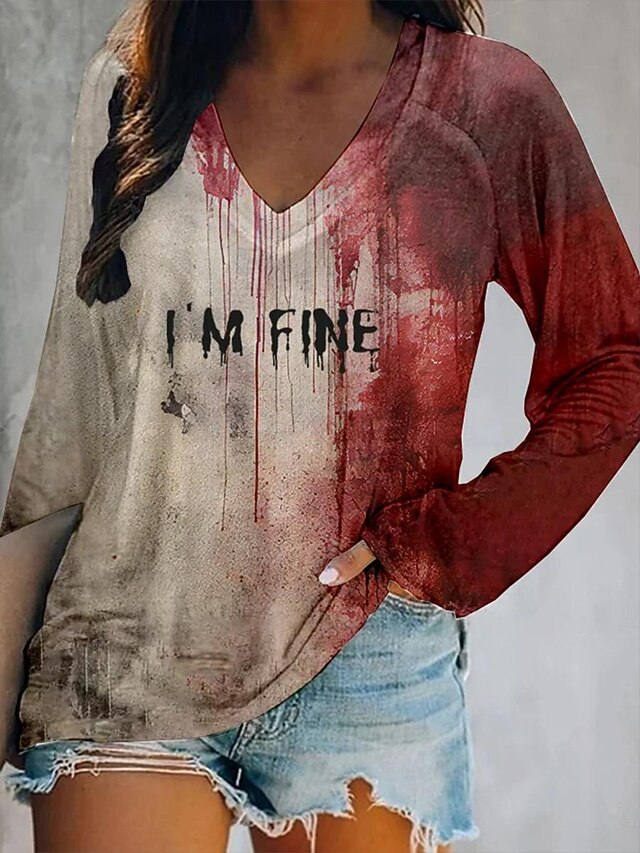 Halloween Women's T Shirt Bloodstain V Neck Long Sleeve Graphic Casual Color Block Letter Abstract Regular Tops Daily Print Red Spring Fall & Winter4