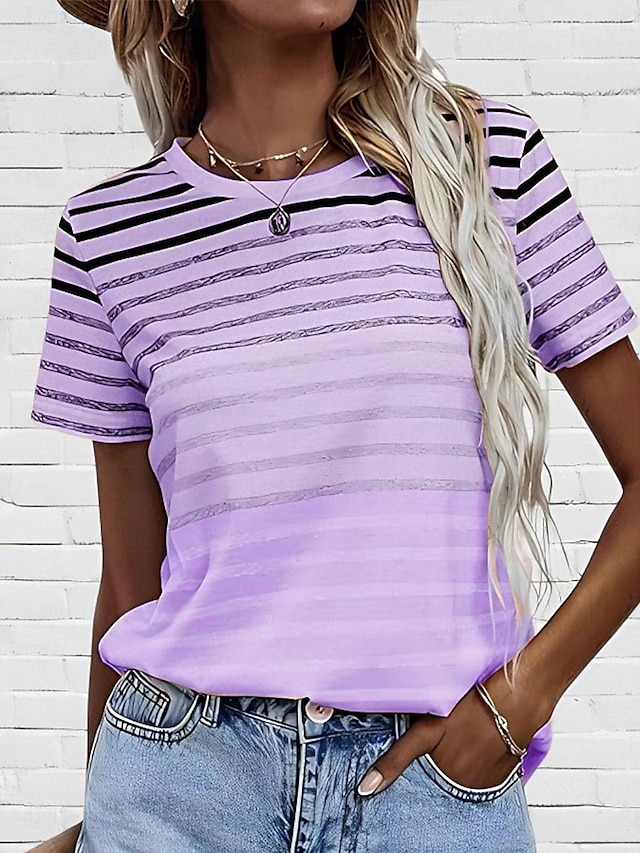  Femme T shirt Rayé Décontractées Manche Courte Col Ras du Cou Hauts réguliers du quotidien Imprimer Rose Claire Bleu Violet Eté