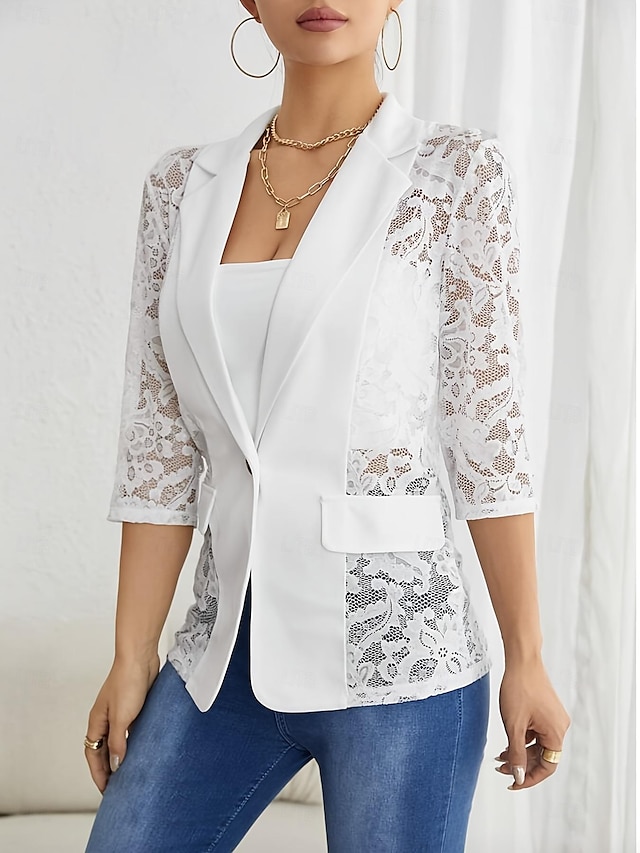  Damen Blazer Sakko Formal Spitze Glatt Atmungsaktiv Strassenmode Regular Fit Oberbekleidung Langarm Frühling Schwarz S