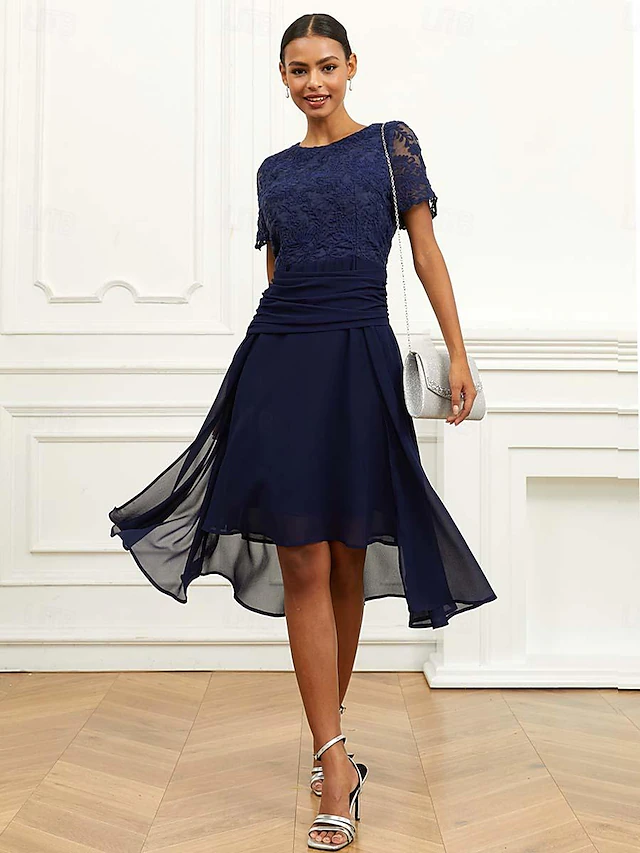 Women's Wedding Guest Cocktail Dress Chiffon Lace Ruched Crew Neck Short Sleeve Midi Dress Party Elegant Formal Dark Blue Summer 11