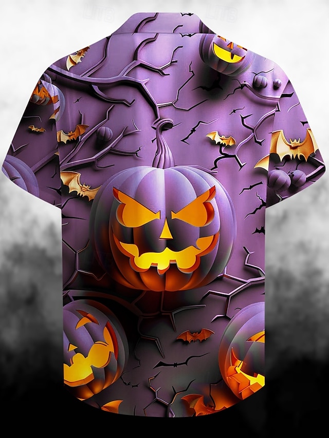  Halloween Pumpkin Grimace Casual Dark Men's Shirt Button Up Shirt Short Sleeve Party Evening Summer Turndown Collared Shirts Button Up 3D Print Thin Blue Purple Polyester