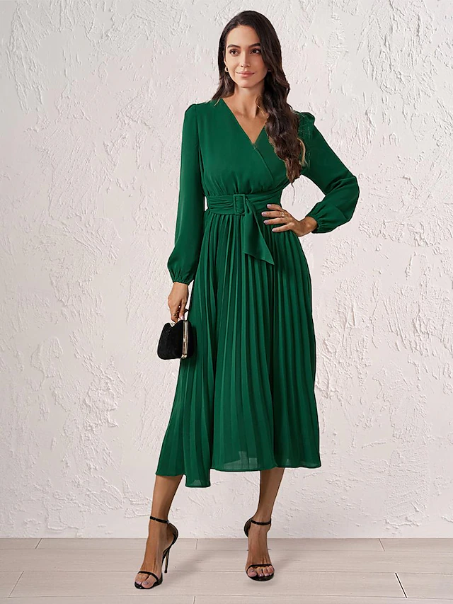 Women's Casual Dress Midi Dress Ruched With Belt Work Elegant V Neck Long Sleeve Black Red Blue Color 24