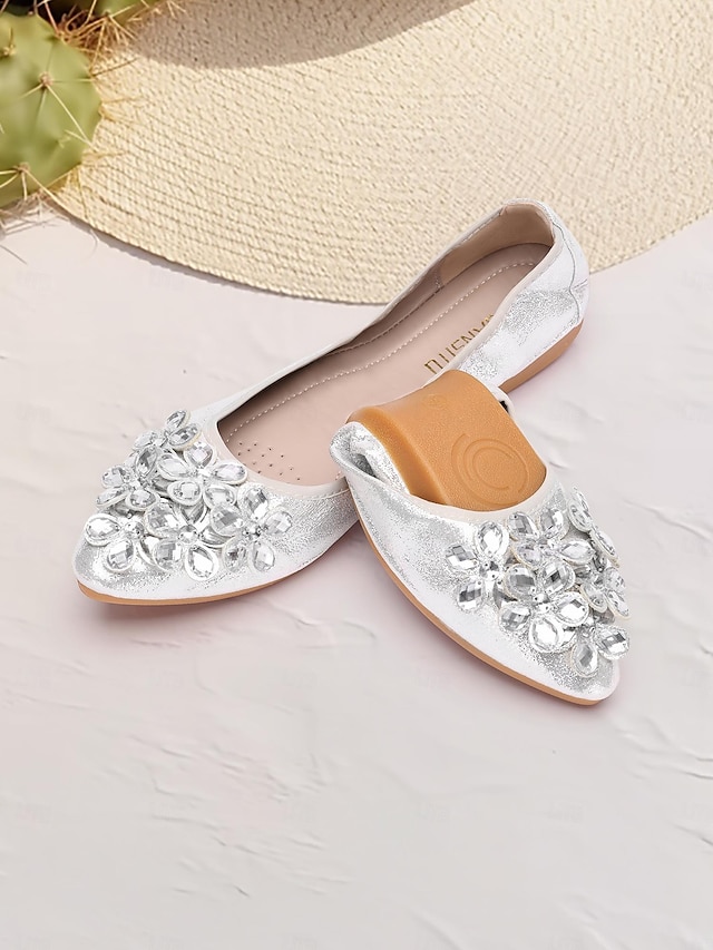  Silberne faltbare Ballerinas für Damen mit Strassverzierungen – bequeme, leichte Schuhe für Reisen, Partys und besondere Anlässe