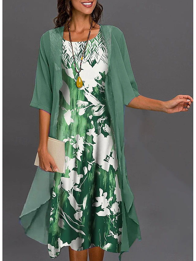 Women's Graduation Dress Midi Dress Two Piece Dress Set Dress Green Blue Gray Half Sleeve Floral Print Summer Spring U Neck Casual 10