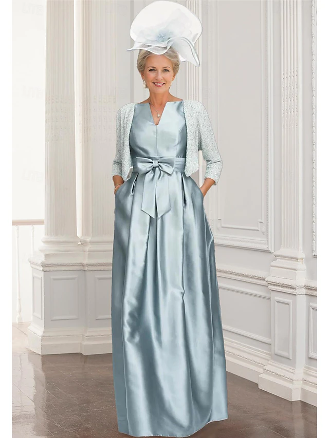 Two Piece A-Line Mother of the Bride Dress Elegant Sparkle & Shine V Neck Floor Length Satin Sequined 3/4 Length Sleeve Wrap Included with Bow(s)4