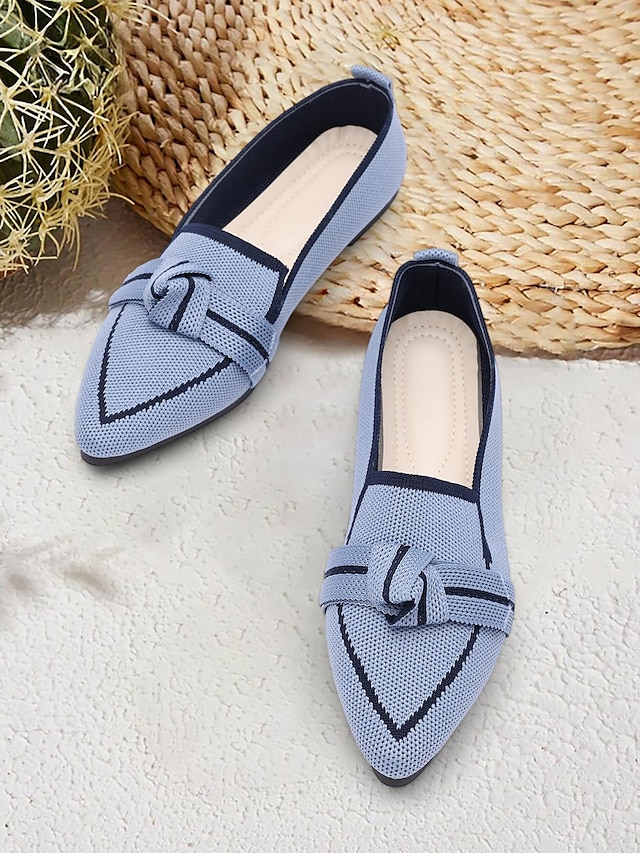  kvinners blå strikkede, spisse tåflater med sløyfe – komfortable slip-on loafers for fritidsbruk og hverdagsbruk