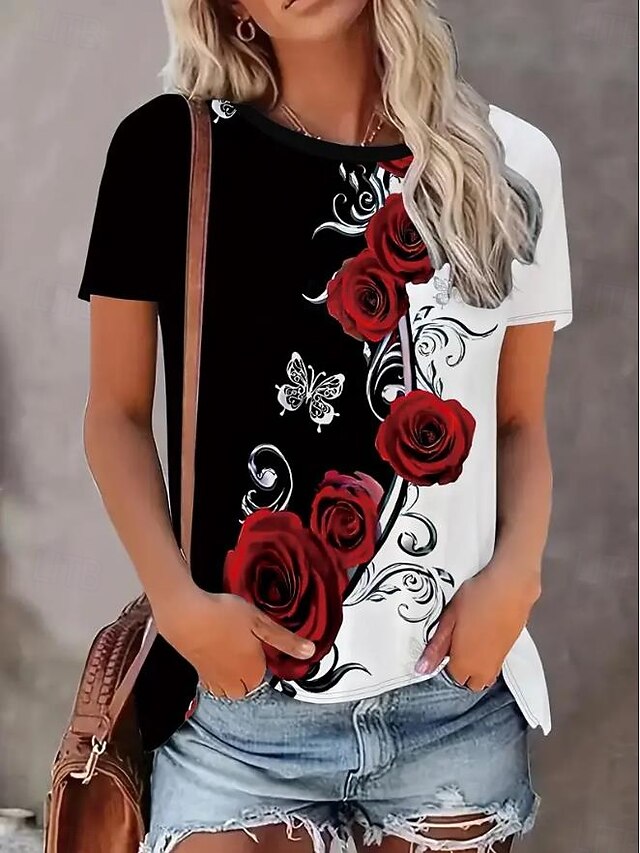 Women's T Shirt Casual Floral Print Short Sleeve Regular Tops Round Neck Daily Black and White Summer4