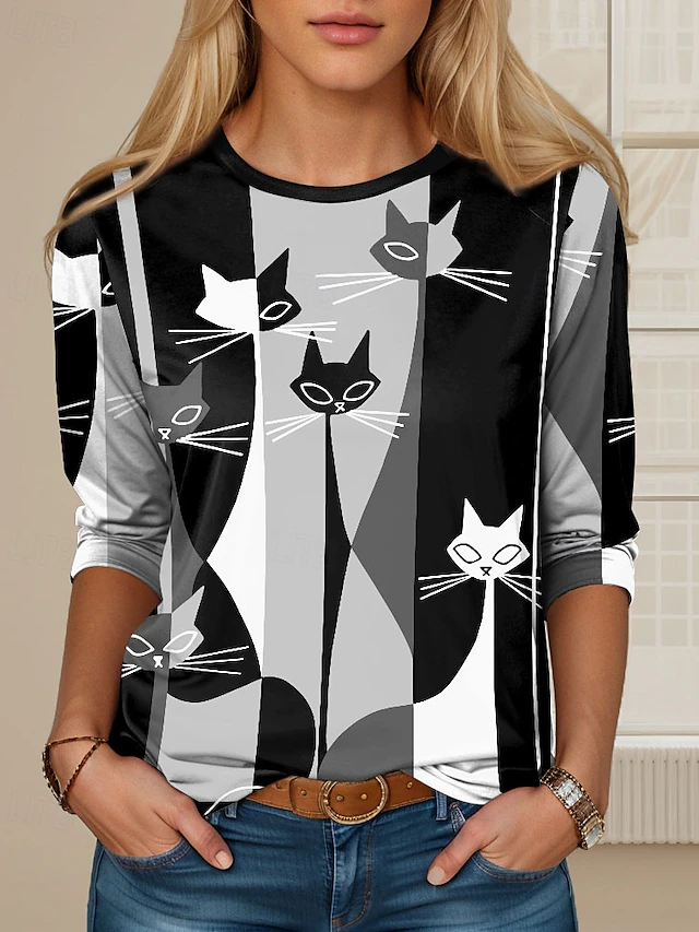 Women's T shirt Long Sleeve Crew Neck Long Sleeve Tunic Casual Ombre Cat Print Regular Tops Daily Black Spring Fall Prefall4