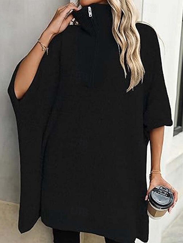  Damen Pullover Brautkleider schlicht Feste Farbe Troyer Halber Reißverschluss Zip Halbe Ärmel Lange Oberteile Stricken Täglich Schwarz Beige Herbst Winter