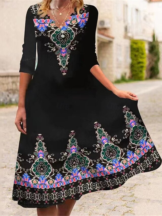 Women's Midi Dress Casual Dress Swing Dress A Line Dress Boho Dress Casual Vacation Daily Regular Fit Floral Leaf 3/4 Length Sleeve Split Neck Pink Blue Purple Fall4