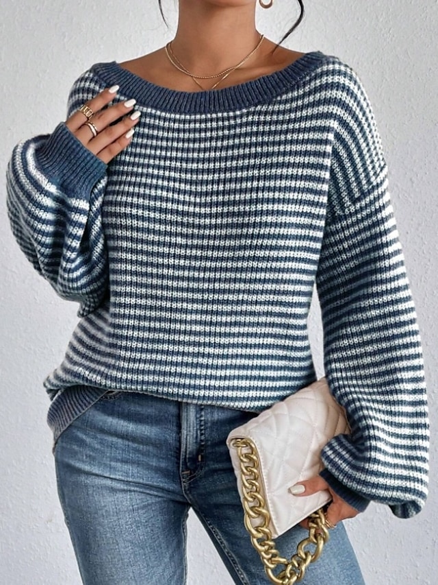 Women's Sweater Stylish Graphic Chunky One Shoulder Boat Neck Off Shoulder Stripe Long Sleeve Long Tops Knit Work Daily Navy Blue Fall Winter 5
