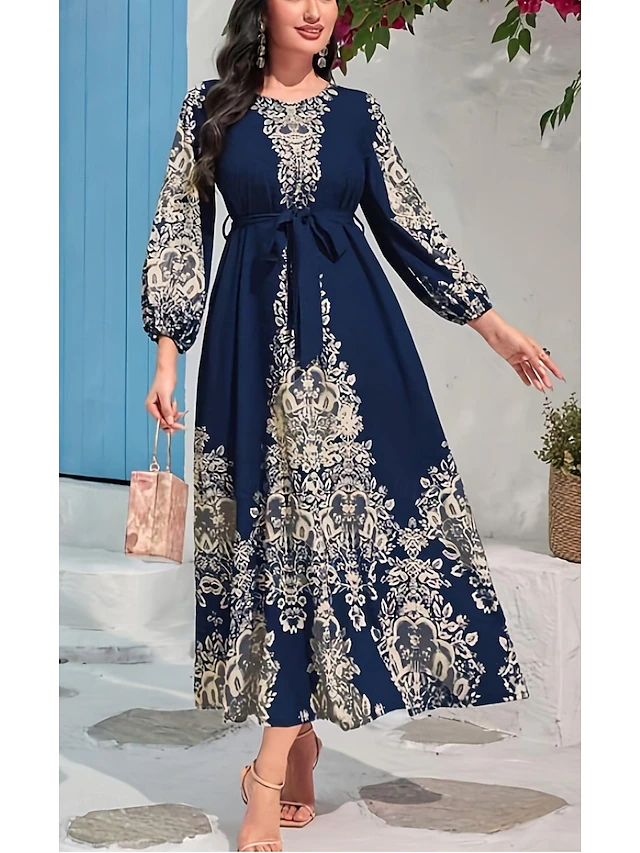 Women's Maxi Dress Vintage Dress Casual Dress Boho Dress Bohemia Vintage Vacation Daily Date Loose Fit Graphic Long Sleeve Crew Neck Blue Spring Fall 5