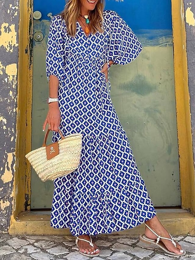 Curvvvy® Coastal Print Lantern Sleeve Maxi Shirt Dress
