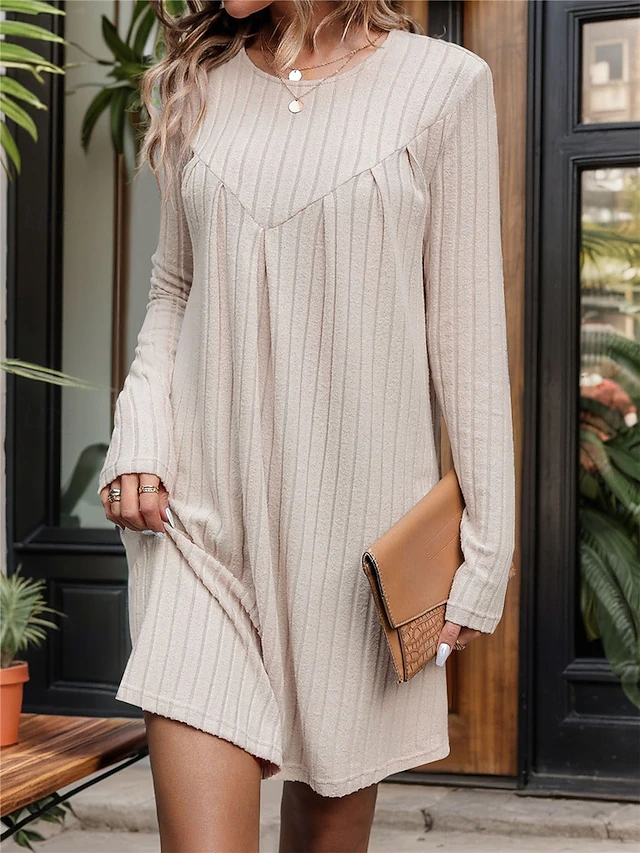 Women's Casual Dress Mini Dress Ribbed Date Streetwear Basic Crew Neck Long Sleeve Khaki Color 6