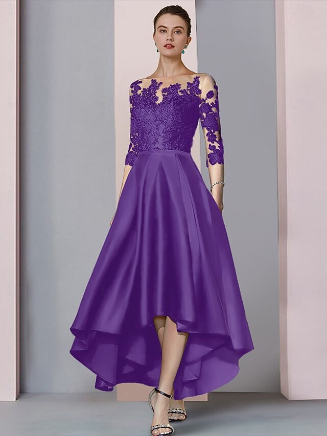 A-line Hi Low Scoop Neck 3/4 Sleeve Satin Mother of Bride/Wedding Guest Dress main image 1