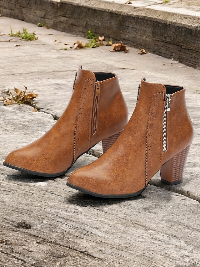  Women's Brown Faux Leather Ankle Boots with Side Zipper and Block Heel - Vintage Style for Casual and Dressy Occasions
