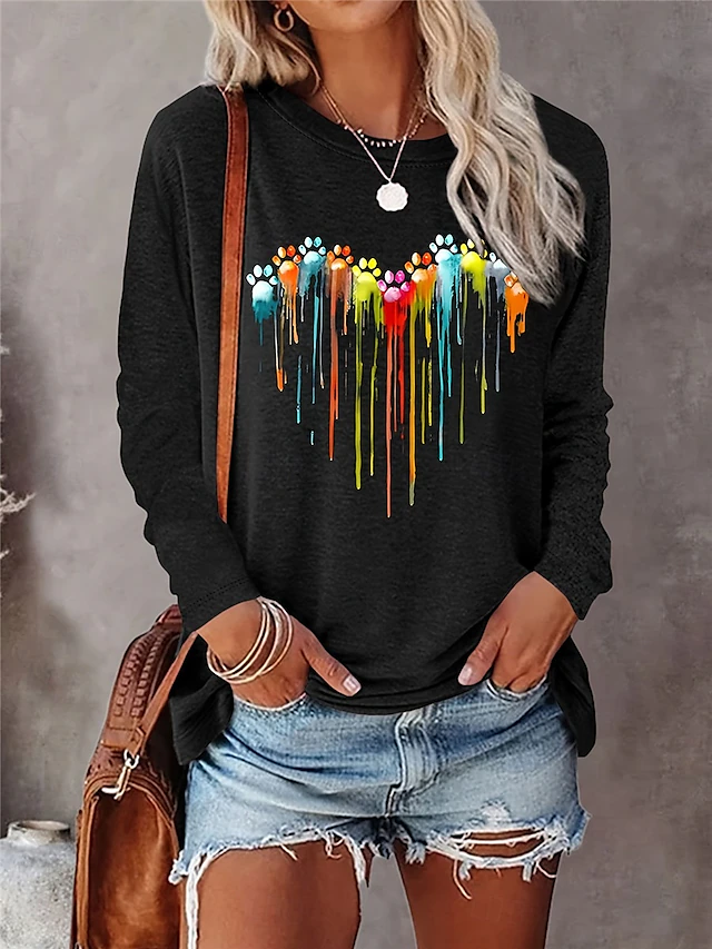Women's T Shirt Ombre Heart Casual Long Sleeve Crew Neck Regular Tops Daily Print Black Spring Fall4