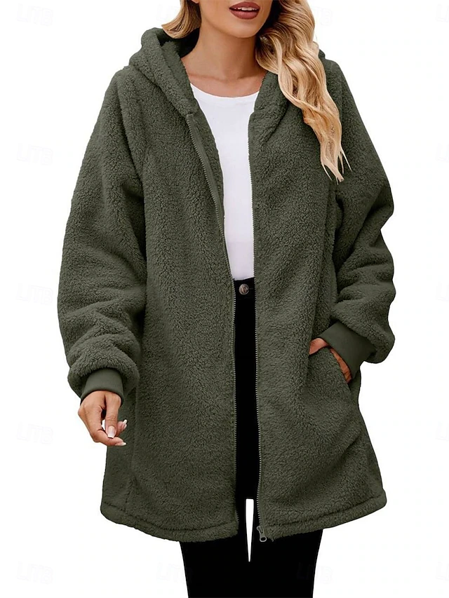 Women's Fleece Jacket Teddy Coat Hoodie Jacket Warm Breathable Zipper Pocket Fleece Lined Casual Color Block Vacation Street Daily Wear Going out Zipper Long Hoodie Regular Fit Long Sleeve Outerwear 7