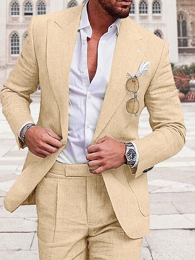  Champagne Beige Men's Linen Suits Beach Wedding 2 Piece Solid Colored Tailored Fit Single Breasted One-button 2024