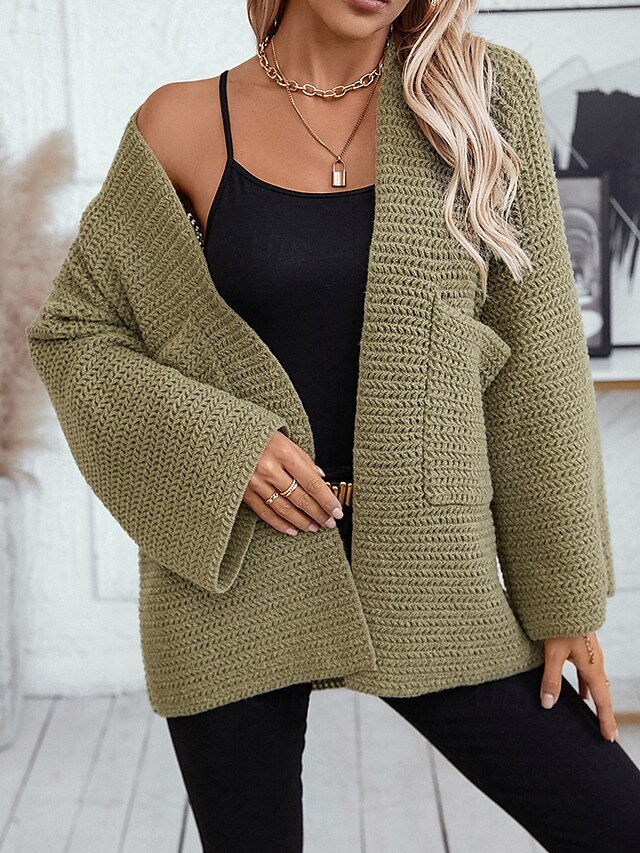  Damen Strickjacke Basic Feste Farbe Öffnung vorne Strick Langarm Normale Oberteile Stricken Arbeit Armeegrün Beige Herbst Winter