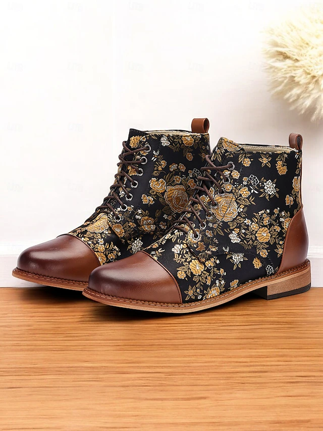 Women's Floral Print Lace-Up Ankle Boots – Retro Faux Leather and Jacquard Fabric Boots for Fall and Winter Casual Wear 7
