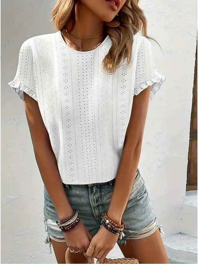 Women's T Shirt Casual Solid Color Ruffle Eyelet Short Sleeve Regular Tops Crew Neck Daily White Summer4