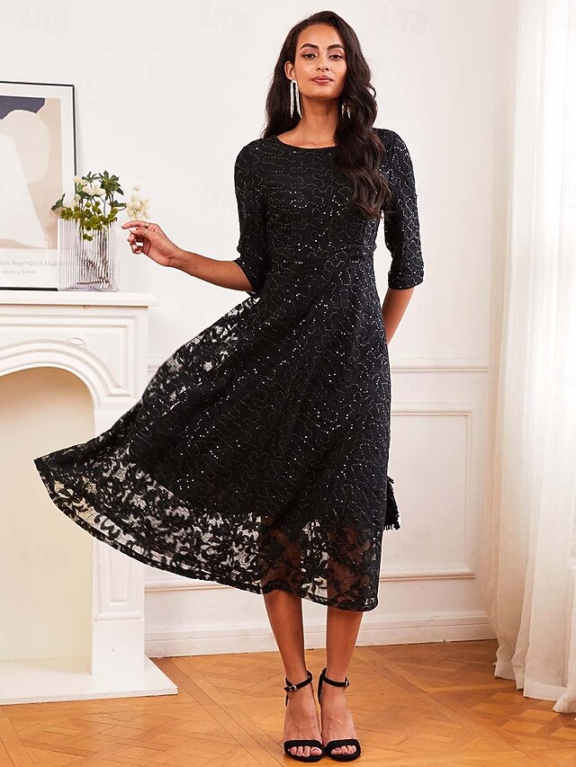 Elegant Sheath Round Neck Sheer Polka Dot Sleeve Open Back Midi Evening Dress main image 1