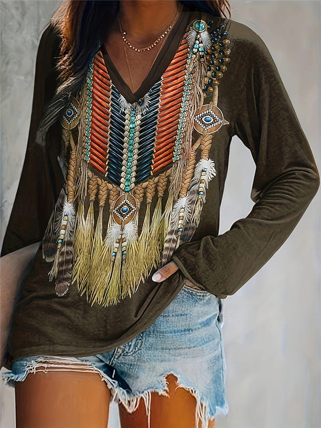 Women's T shirt Long Sleeve V Neck Long Sleeve Tunic Vintage Ethnic Print Regular Tops Vacation Army Green Spring Fall Prefall4
