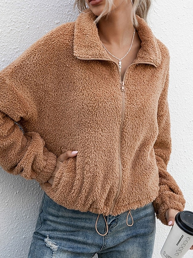 Women's Fleece Jacket Teddy Coat Warm Breathable Zipper Pocket Fleece Lined Casual Color Block Vacation Street Daily Wear Going out Zipper Turndown Regular Fit Long Sleeve Outerwear White Camel Dark 8