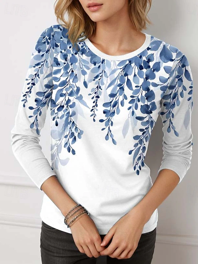 Women's T Shirt Casual Print Regular Tops Daily Black White Blue Purple Green Spring Fall 8