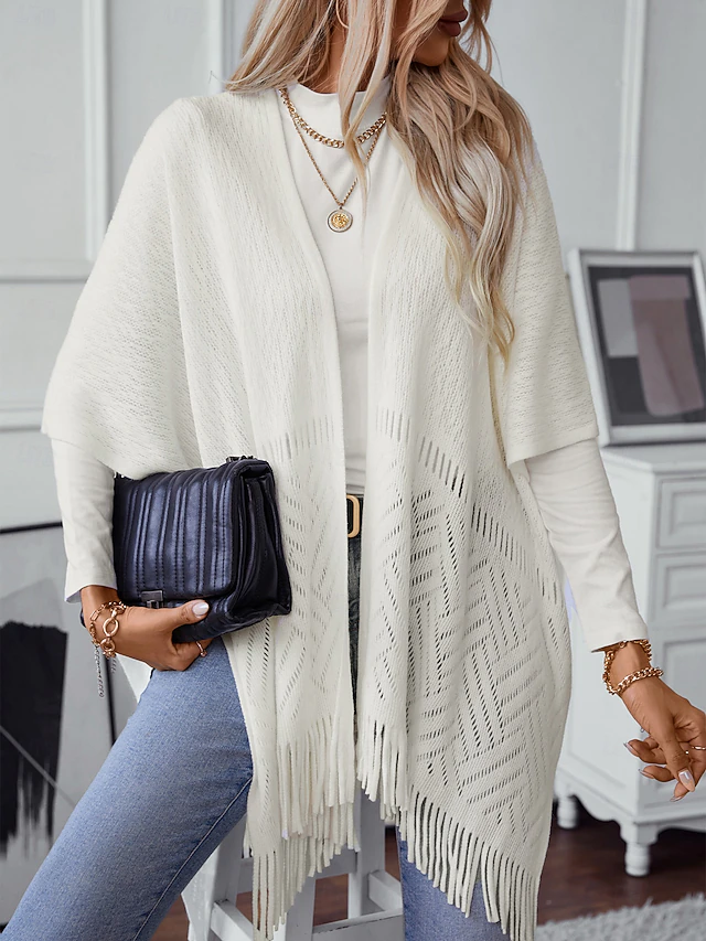 Women's Shrug Stylish Casual Solid Color Ribbed Open Front Tassel Knitted Sleeveless Regular Tops Knit Outdoor Daily White Khaki Fall Winter 6