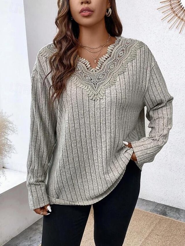 Women's Elegant Lace Tops Eyelet Blouse Stylish Modern Lace Long Sleeve Regular Tops V Neck Work Daily Romantic Petite Tops Summer Holiday Wear Gray Spring Fall 5