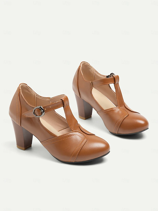 Women's Classic Brown Leather T-Strap Pumps with Chunky Heel, Vintage Office Shoes 12