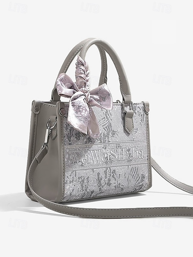  elegante borsa da donna in argento con stampa floreale in rilievo e fiocco oversize | borsa a tracolla versatile per eventi serali e uso quotidiano