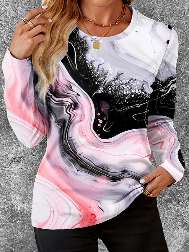 Women's T shirt Crew Neck Long Sleeve Tunic Casual Print Regular Tops Daily Pink Blue Orange Spring Fall 6