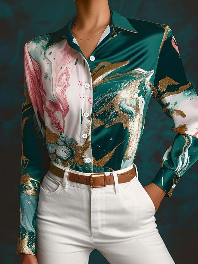 Women's Shirt Long Sleeve Button Down Blouse Elegant Stylish Business Print Regular Tops Shirt Collar Work Green Summer Fall Winter4