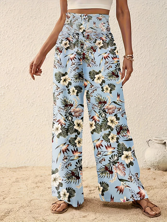 Women's Wide Leg Pants Trousers Casual Daily Long Floral Wide Leg Printing Breathability Comfortable Micro-elastic Vacation Weekend Pink Navy Blue Blue Apricot Spring & Summer Regular Fit 21