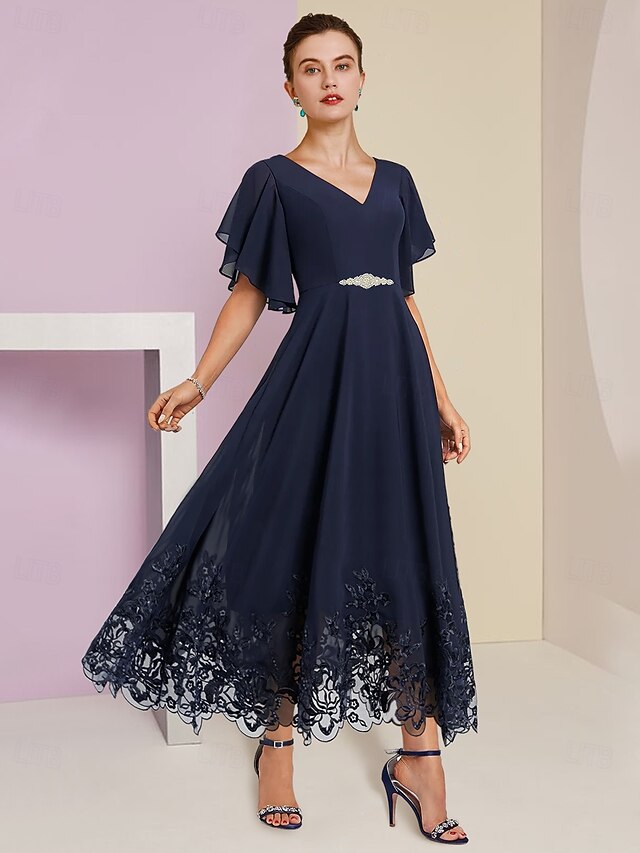 A-Line Mother of the Bride Dress Formal Wedding Guest Elegant V Neck Tea Length Chiffon Lace Short Sleeve with Appliques Crystal Brooch 8