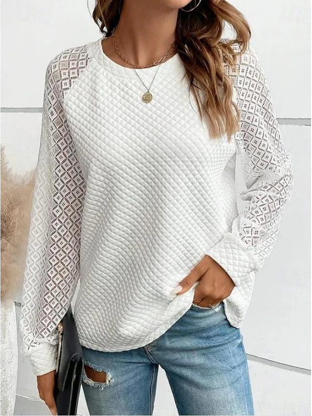 Women's Blouse Stylish Modern Long Sleeve Regular Tops Crew Neck Work Daily Black White Light Grey Spring Fall Winter 6