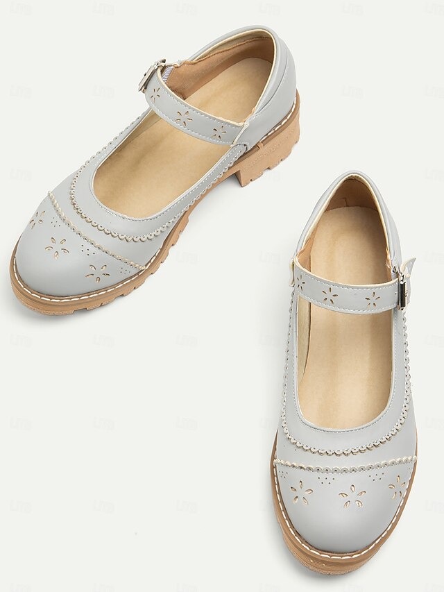 Women's Vintage Mary Jane Flats - Grey Leather with Cutout Floral ...